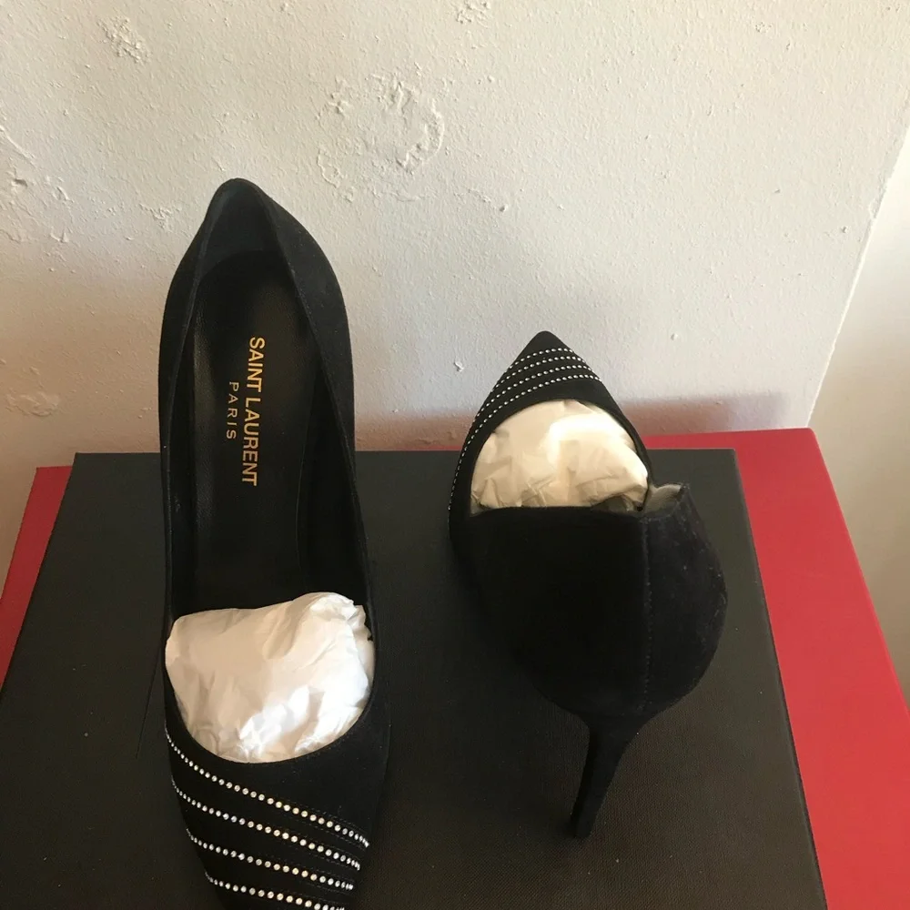 Saint Laurent Black Swede with Swarovski Detailing Women's Shoes - Picture 2 of 5